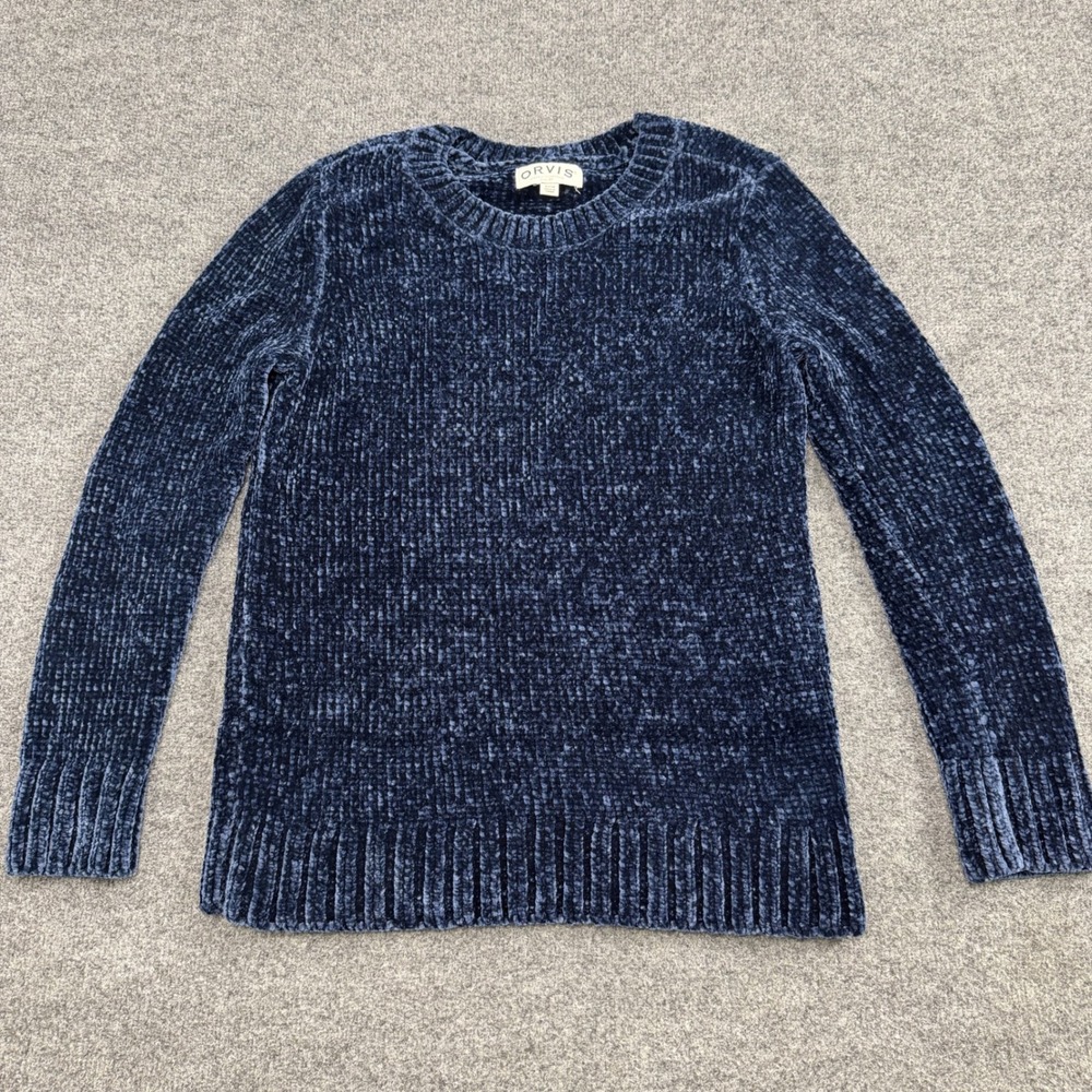 Orvis Chenille Sweater Womens Small Navy Blue Crewneck Pullover Soft Cozy Knit